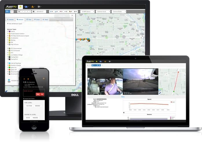 FleetVu Manager dashboard shown across desktop and mobile devices